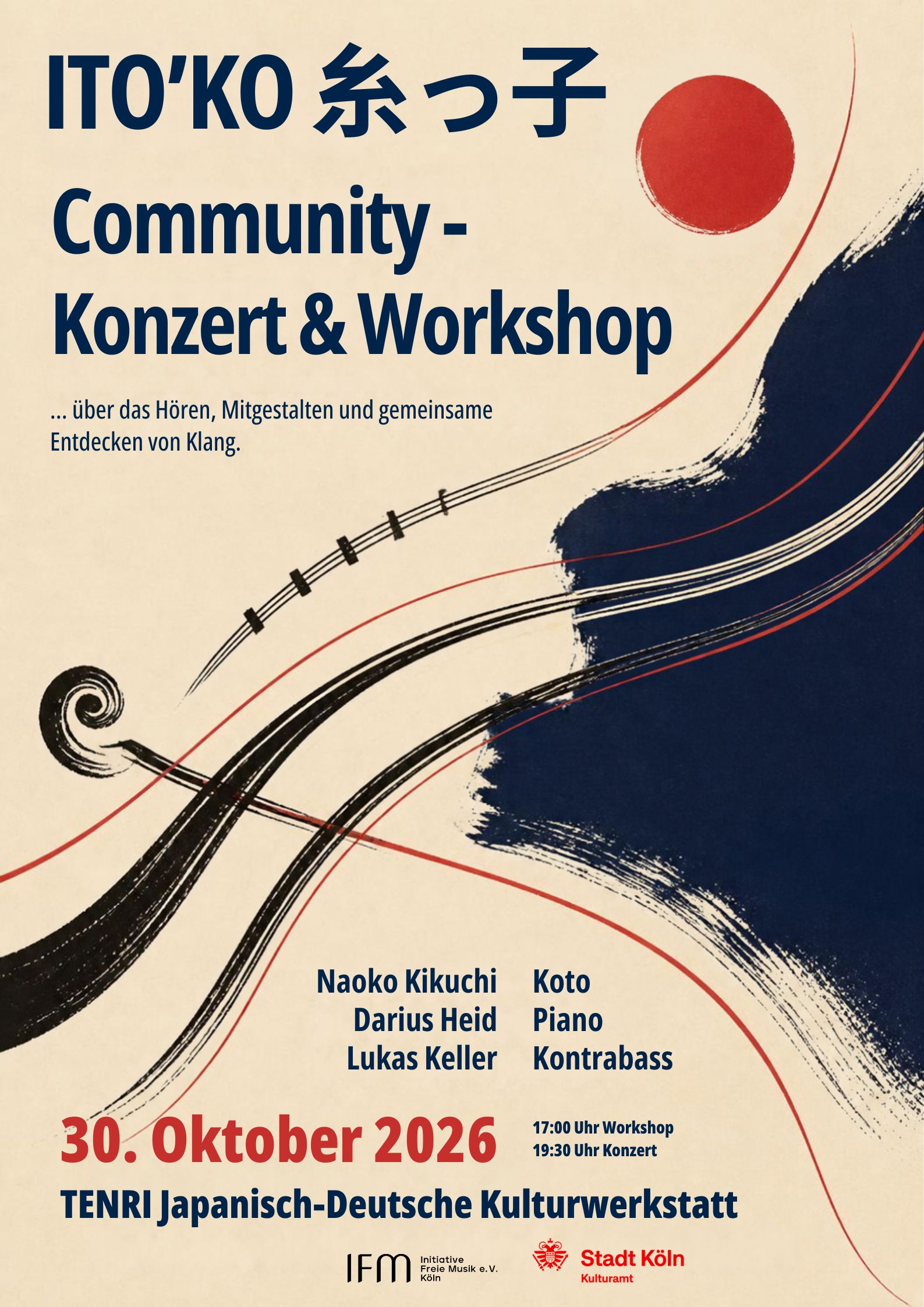 Ito'ko Plakat für das Communitykonzert und Workshop am 30.10.2026 im Tenri, deutsch-japanische Kulturwerkstatt in Köln